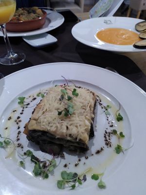 Vegan mushroom lasagne, couscous and salmorejo at Madre Tierra in Toledo