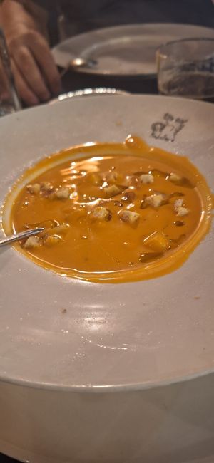 Gazpacho with melon cube croutons  at Madre Tierra in Toledo