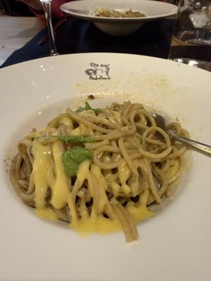 Asian fusion spaghetti (my messy plate, it was perfect when served!)  at Madre Tierra in Toledo