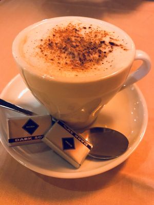 Soy cappuccino with dark chocolate  at Madre Tierra in Toledo