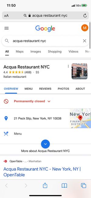 Google update of restaurant closure at Acqua in New York City