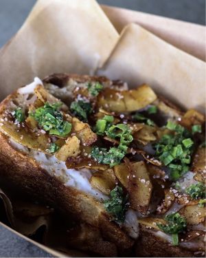 Vegan BCC- vegan Cream Cheese, Coconut Bacon, Chives at Fla Juice & Bowl in Jacksonville Beach