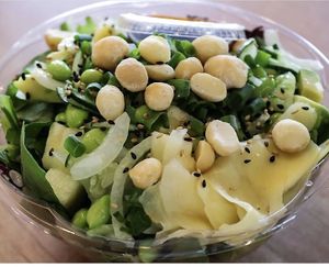 Vegan Poke Bowl with Macadamia Nuts, Cucumbers, Onions, Edamame, Ginger at Fla Juice & Bowl in Jacksonville Beach