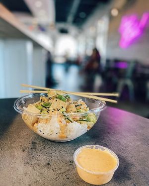 Vegan apple Bowl- Rice, Tofu, Cucumbers, Onion, and VEGAN Aioli!! at Fla Juice & Bowl in Jacksonville Beach