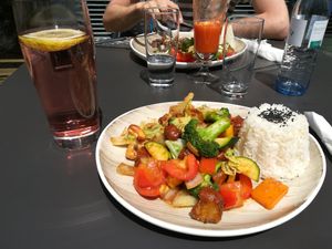 Chicken Kungpao and a raspberry soda at Loving Hut - Maria Kuhn Gasse in Vienna