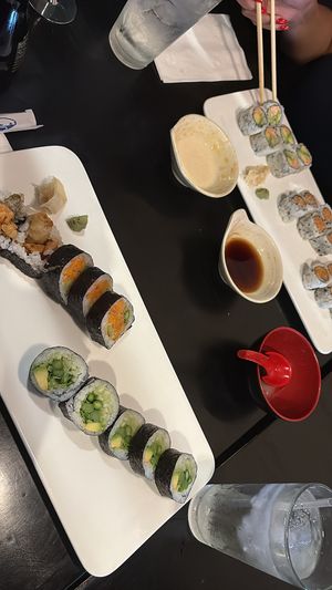 The sushi in front is vegan - on the left is veggie tempura (sweet potato & asparagus) & then veggie roll (cucumber, avocado & asparagus) 😋  at Sushi Ya in Joliet