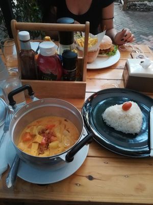 massaman curry and veggie burger at Patty's Secret Garden in Koh Lanta