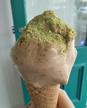 Hazelnut ice cream with chopped pistachio.  at Il Melograno Gelateria in Fitzroy