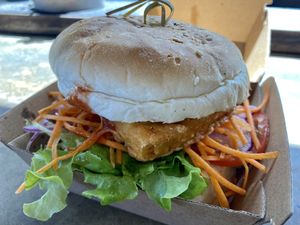 Really reaaaaally good fish burger  at BayGer in Byron Bay