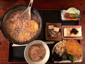 Vegan set meal with rice gruel and sweet potatoes at Sawa in Osaka