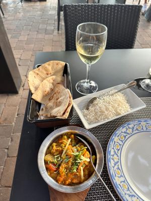 Vegetable curry, rice and roti at Misbah  in Gran Canaria