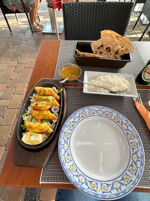 Vegetable skewers with curry sauce, roti & rice at Misbah  in Gran Canaria