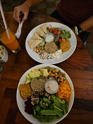 Mediterranean bowl (veggie) and Buddha bowl (vegan) at The Garden Café in Granada