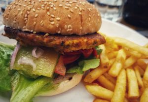 Falafel burger + fries - 24 NZD at Denniston Dog Cafe & Bar in Westport