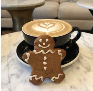 The most delicious vegan gingerbread ever ?? + a perfect oat milk latte!  at Blue Door Coffee in The Woodlands
