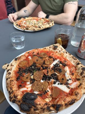 Vegan pepperoni pizza 🍕 and fungi pizza with vegan cheese 🧀   at Happy Face Pizza in North London