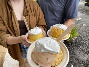 Two of “The Locals” w/poi, and one custom guava and mango w/vegan ice cream. So good!!   at Kula Shave Ice in Hilo