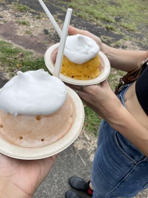Soursop shave ice with haupia (left) and lilikoi/strawberry shave ice with haupia (right)  at Kula Shave Ice in Hilo