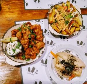 Baby bao chips, Japanese karaage cauliflower, crispy fried smoked tofu bao at Baby Bao in South West London