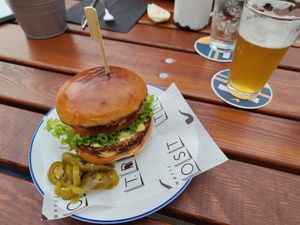 Vegan burger (brioche bun, patty, sauce, cheese = all vegan) at Brouwerij Troost - Westergas in Amsterdam