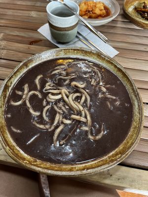Red bean soup - udon noodle   at Yetnal Patjuk 옛날팥죽 in Seogwipo
