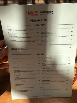 Vegan menu at Groove Train in Greensborough