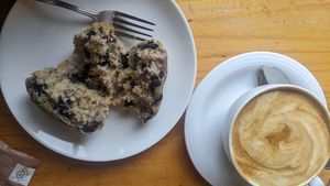 Blueberry muffin and cappuccino with soy milk at Daruma in Puerto Montt