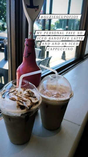 Iced Banofee Latte with almond milk and a cappuccino with oat milk at Suzie's Cup of Joy in Cleethorpes