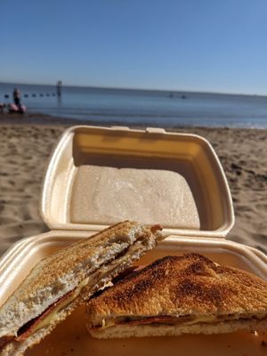 Vegan Cheese and bacon toastie on the beach at Suzie's Cup of Joy in Cleethorpes