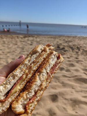 Vegan cheese and bacon toastie on the beach at Suzie's Cup of Joy in Cleethorpes