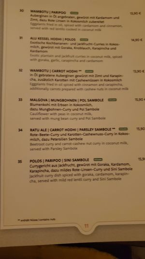 Menu vegan choice at Sigiriya in Berlin