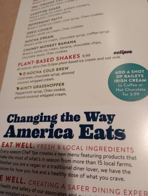 Menu description of mission/values + plant based shakes at Silver Diner in Elkridge