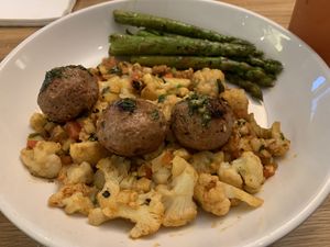 Beyond meat Meatballs with cauliflower and asparagus.  at Silver Diner in Elkridge