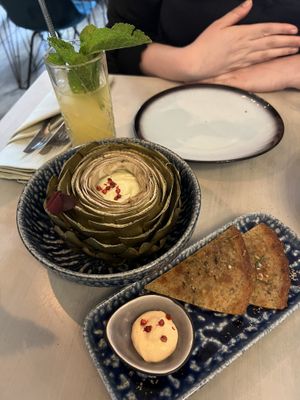 Flower Power (Artichoke - Basil Ricotta) & Yuca (yuca bread - rosemary)  at Epiphany's Kitchen in Ghent