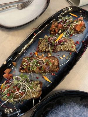 Julie & Julia (Bruscetta duo: tomato & Garlic - Eggplant & Pesto - On homemade quinoa bread)  at Epiphany's Kitchen in Ghent