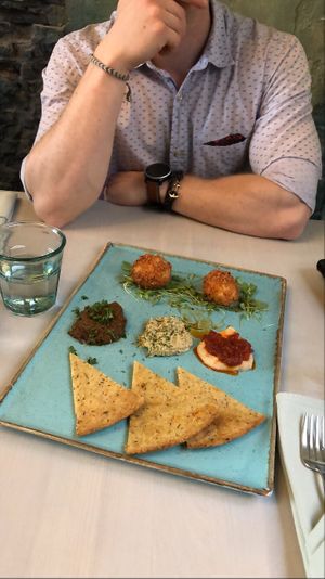 Vegan cheese croquettes with vegetable dips at Epiphany's Kitchen in Ghent