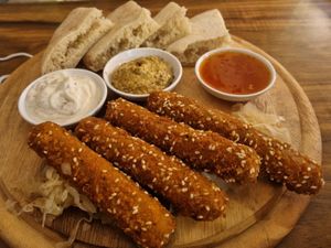Crispy sausages at Hummus Bar in Haifa