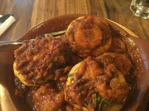 Chraime tofu, comes with a side dish. Kind of spicy but delicious at Hummus Bar in Haifa