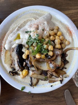 Hummus with mushrooms at Hummus Bar in Haifa