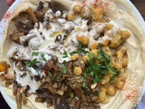 Hummus with kebab & mushrooms   at Hummus Bar in Haifa