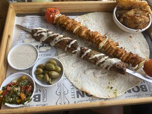 Shish kebab   at Hummus Bar in Haifa