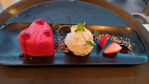 Valentine's white chocolate ans strawberry dessert at Hummus Bar in Haifa