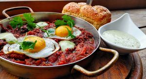 Vegan shakshuka (molecular eggs) at Hummus Bar in Haifa