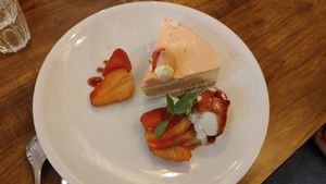 Cashio "Cheese" and strawberry cake at Hummus Bar in Haifa