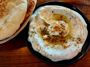 Labaneh, served with pita at Hummus Bar in Haifa