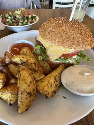 Beyond burger with cheddar cheese   at Hummus Bar in Haifa