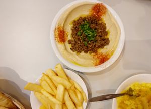 hummus & soy (fake meat) at Hummus Bar in Haifa