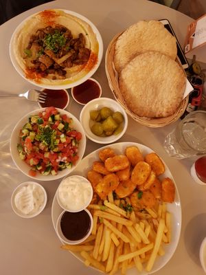 Vegan cheese nuggets and Jerusalem Mix hummus at Hummus Bar in Haifa