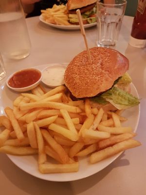Beyond Burger with french fries at Hummus Bar in Haifa