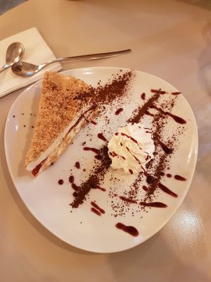 Vegan cheese cake with coconut cream at Hummus Bar in Haifa